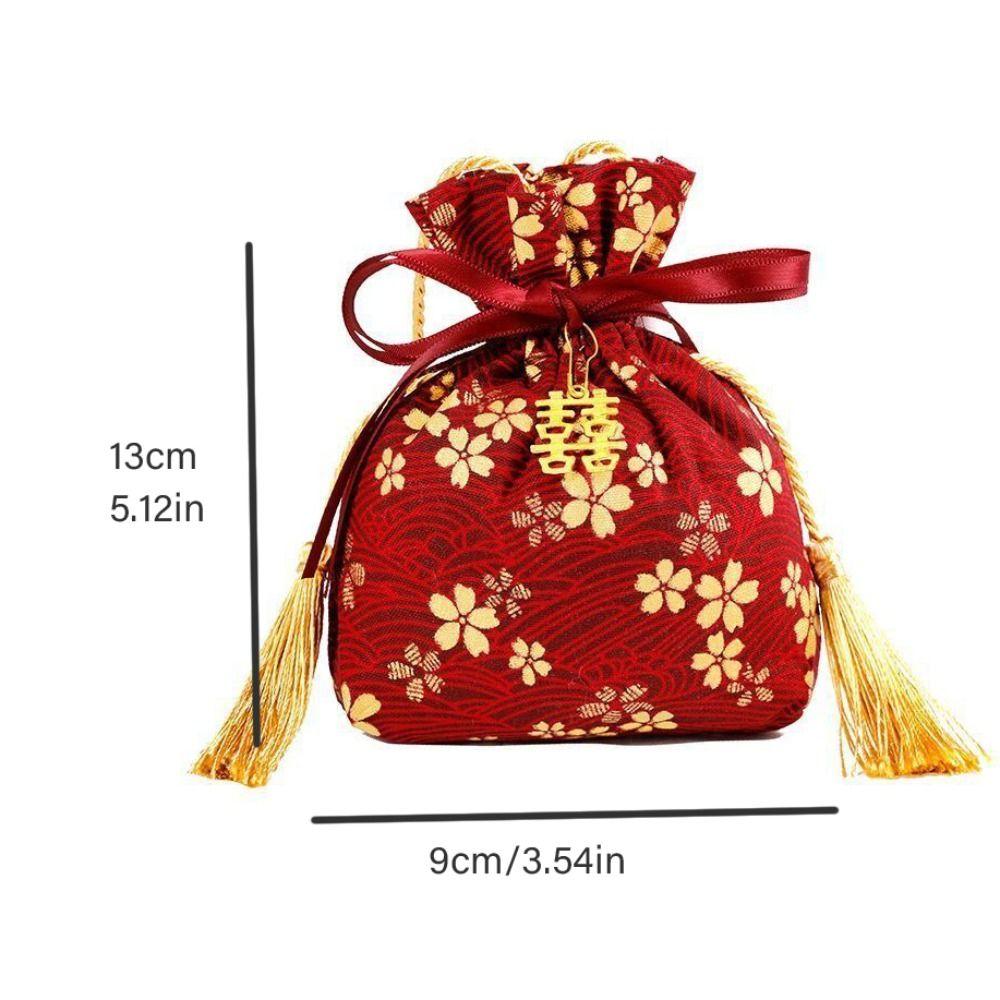 Pearl Pendant Canvas Flower Drawstring Bag Stripe Bowknot Floral Tassel Handbag Female/Girls