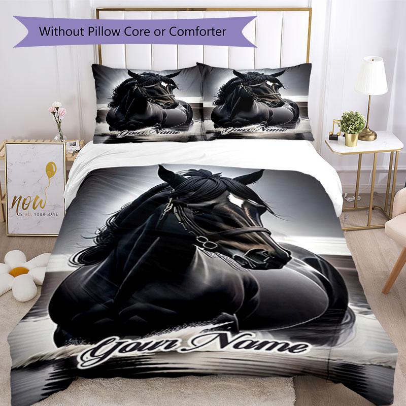 3PC Custom Name Elegant Black Horse Portrait Bedding Set Printed Bedding Set Duvet Cover Closure Includes 1 Duvet Cover & 2 Pillowcases for All Season