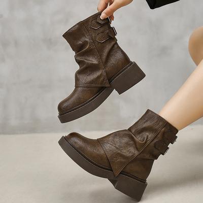 Коричневые ботинки с толстой подошвой и широким голенищем, женские, новые, весенне-осенние ботинки-трубы для брюк, ботинки Мартин, средней высоты