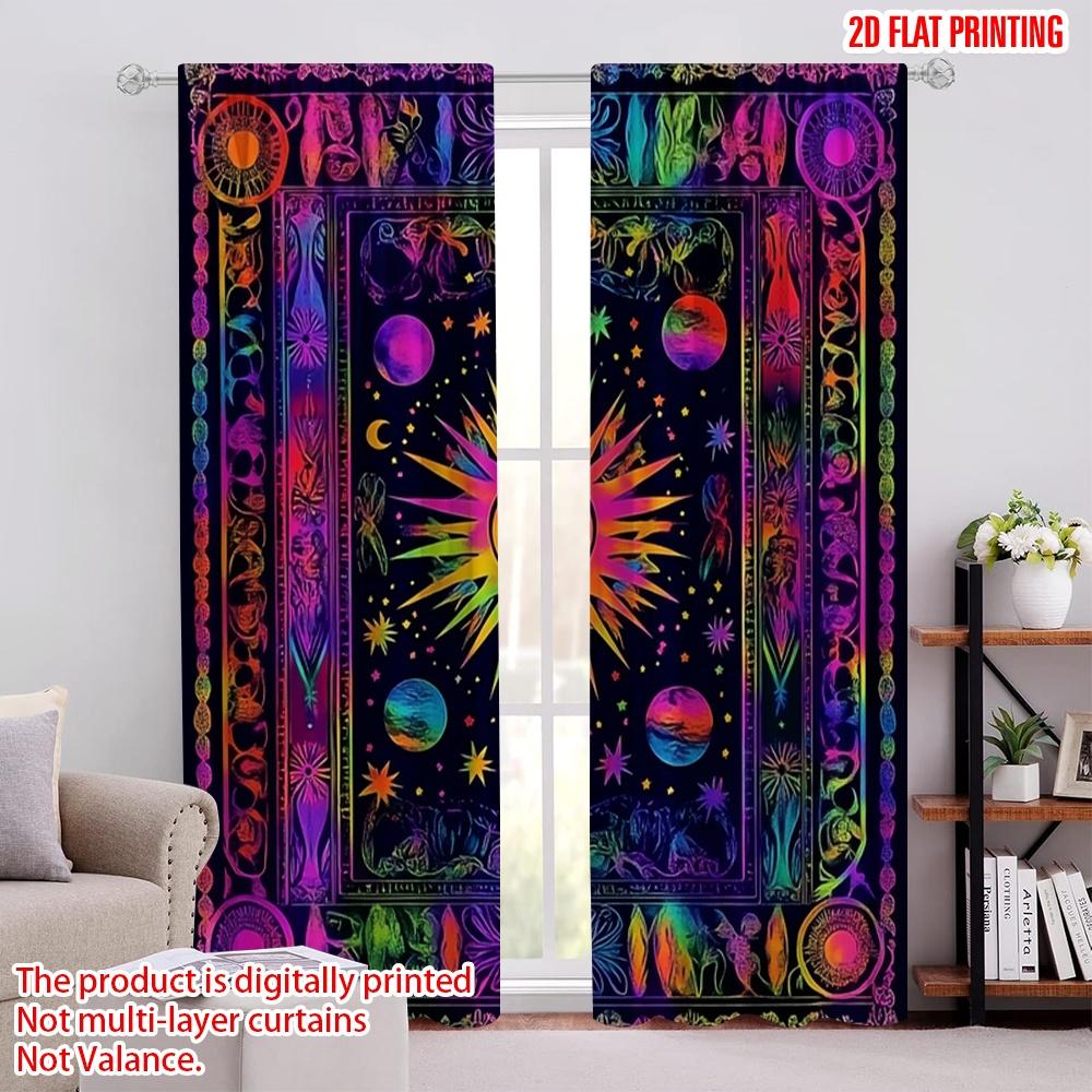 Набор из 2 богемных штор для дверей с плоской печатью Boho, Солнце и Луна, Французский Хиппи, Подходит для спальни, ванной комнаты, гостиной, Изготовлены из полиэстера