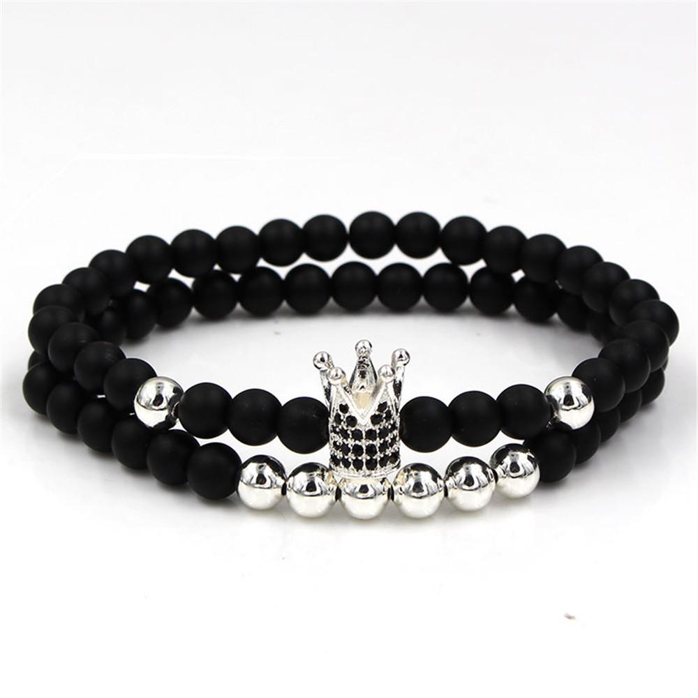 European and American exaggerated 1mm black matte copper bead bracelet, micro-inlaid zircon crown bracelet, set.