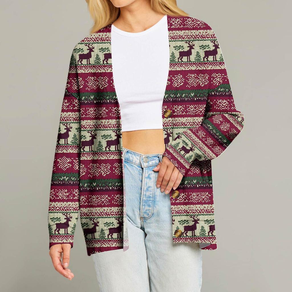 Женский модный кардиган с длинным рукавом, V-образным вырезом, на пуговицах, свободного кроя, с рождественским принтом