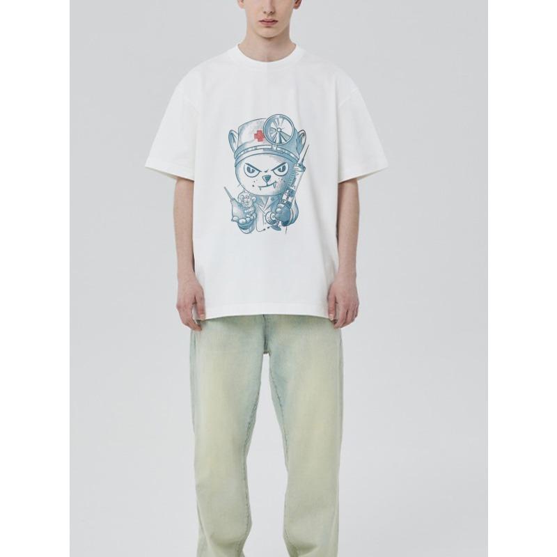 Футболка с круглым вырезом Белая Кошка Медсестра с Шприцем и Стетоскопом Принт Повседневная Уличная Одежда для Мужчин и Женщин