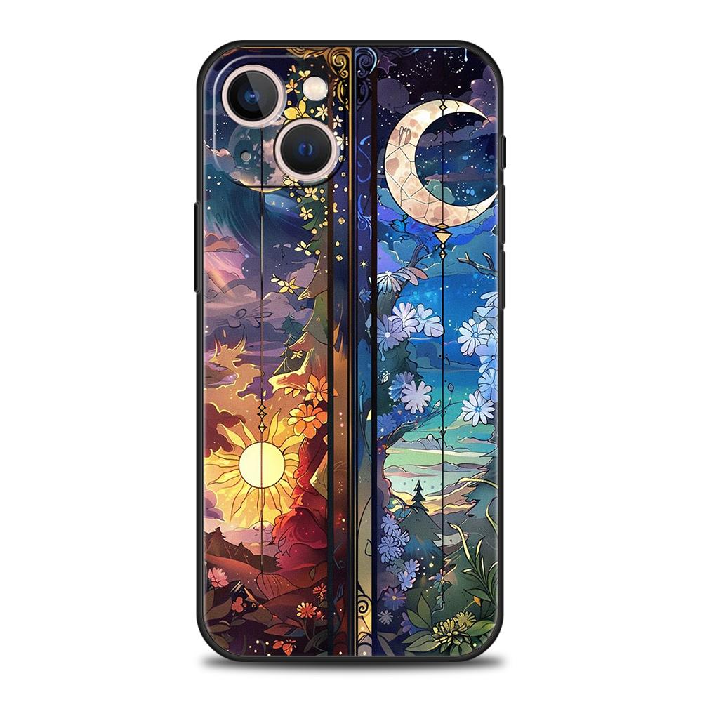 Чехол для телефона для iPhone 17 16 15 14 13 12 Pro Max 11 Pro Max 17 AIR Plus Ударопрочный Мягкий ТПУ Корпус Красивый Стекло Солнце Луна
