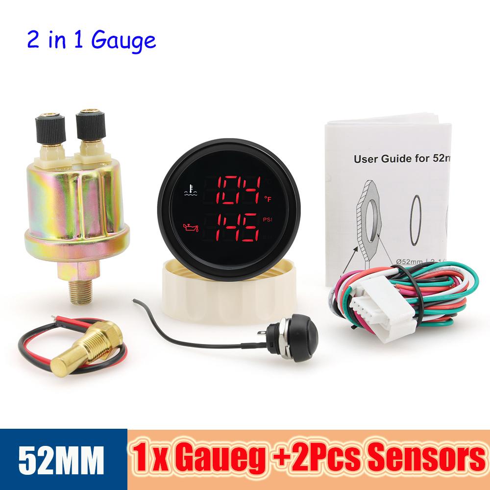 2"52 мм красный светодиодный цифровой 2 в 1 датчик температуры воды + давления масла с датчиком давления масла/температуры воды 1/8NPT 0~10 бар для автомобиля грузовика
