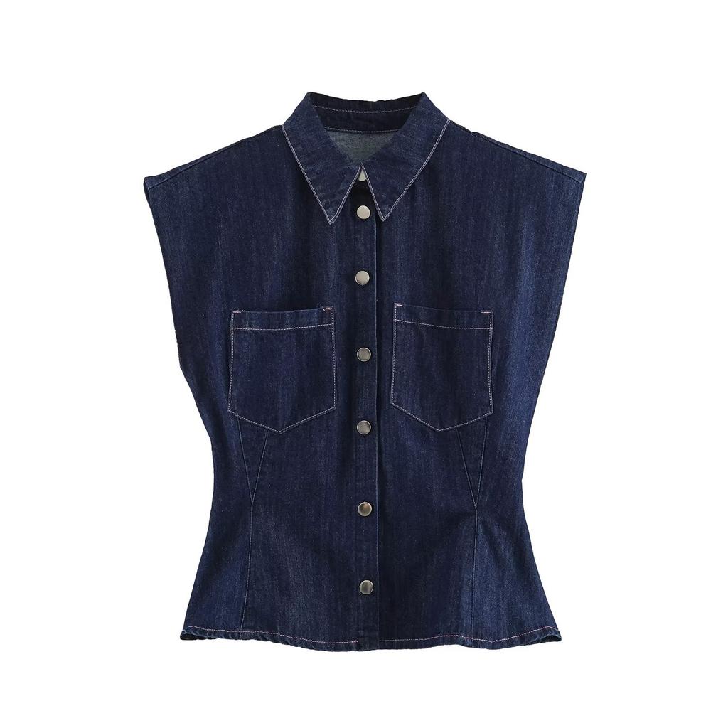 European and American style, wholesale women's clothing lapel sleeveless A-word hem waist denim shirt + bucket trousers
