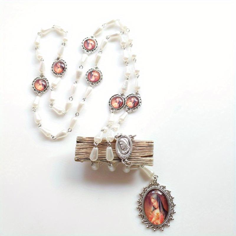 Seven Sorrow White Plastic Rosary Necklace Virgin Pendant for Men Women Religious Jewelry Rosary Necklace