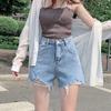 Classic and Minimalist Fashion Versatile Women's Summer Broken Holes High-waisted Thin Outside Wearing Wide-legged A Word Denim Shorts Individuality