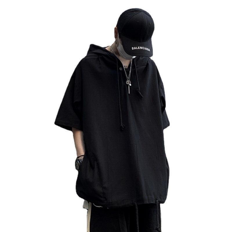 Темная трендовая мужская хип-хоп футболка оверсайз с капюшоном и коротким рукавом в корейском стиле