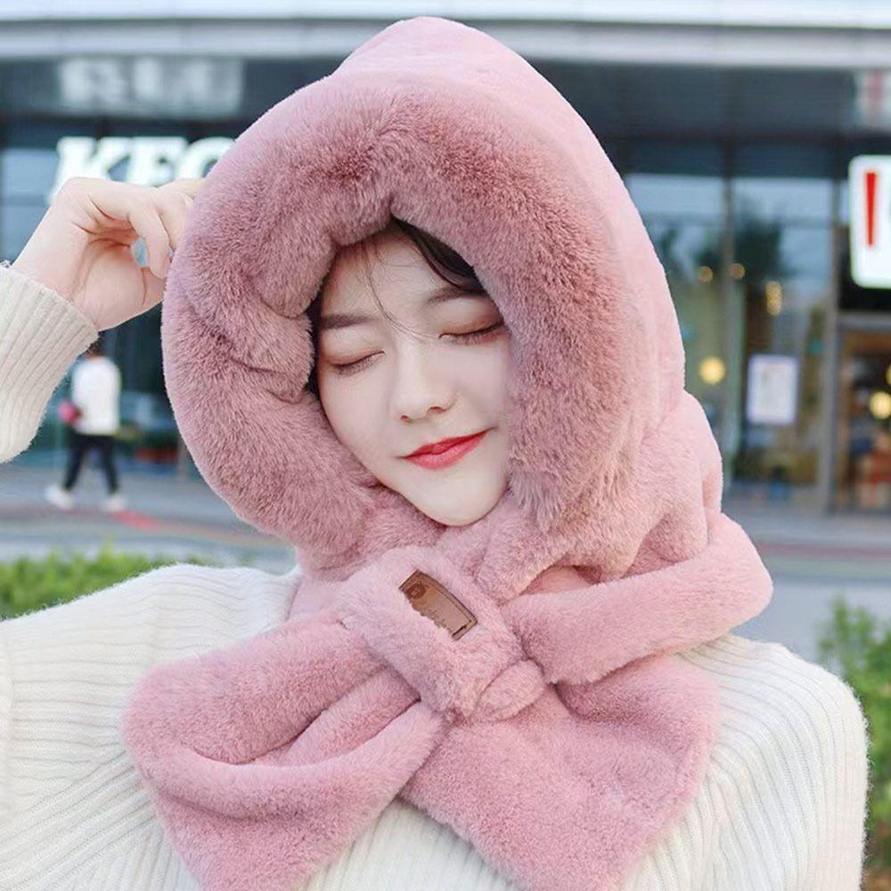 Thickening Integrated Cap Scarf Plush Neck Warmer Winter Ear Protection Cap for Women