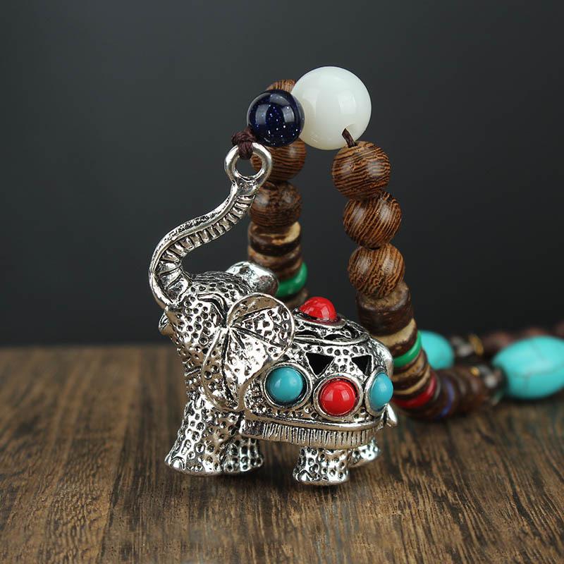 Ethnic Elephant Necklace Versatile Wooden Long Sweater Chain Handmade Vintage Buddha Cotton and Hemp Accessories Pendant