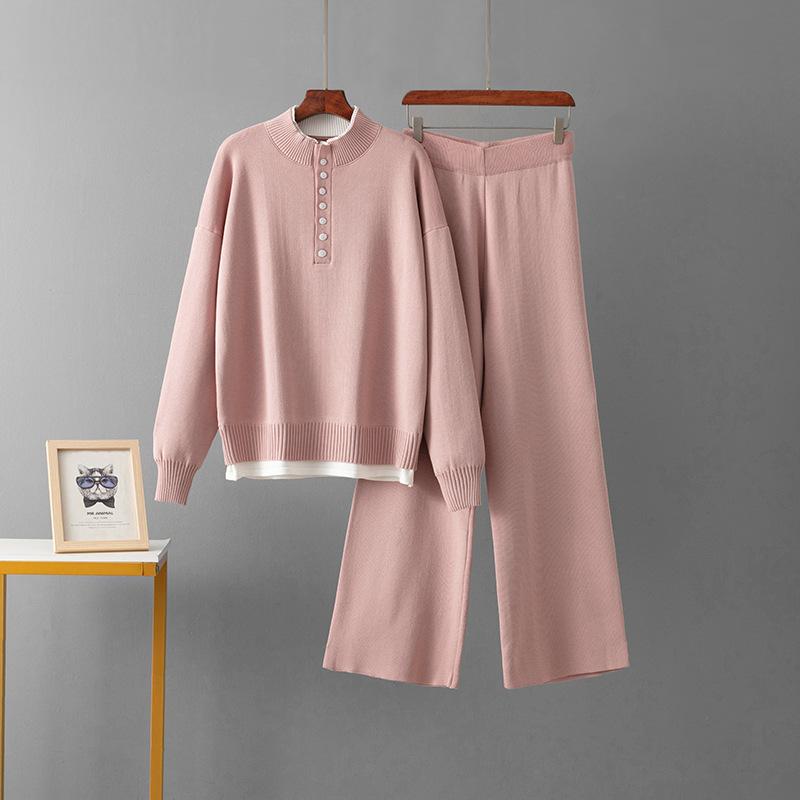 Модный повседневный шерстяной костюм женский осенне-зимний новый свободный свитер вязаные широкие брюки комплект из двух предметов