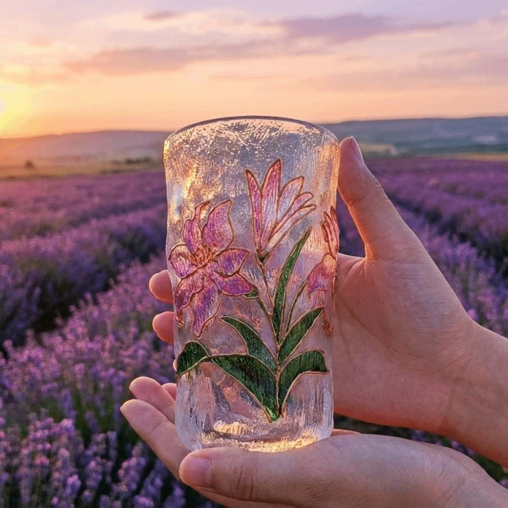Flower Design Hand-Painted Glass Cup Glacier Texture Beer Cup Unique Water Cup Party