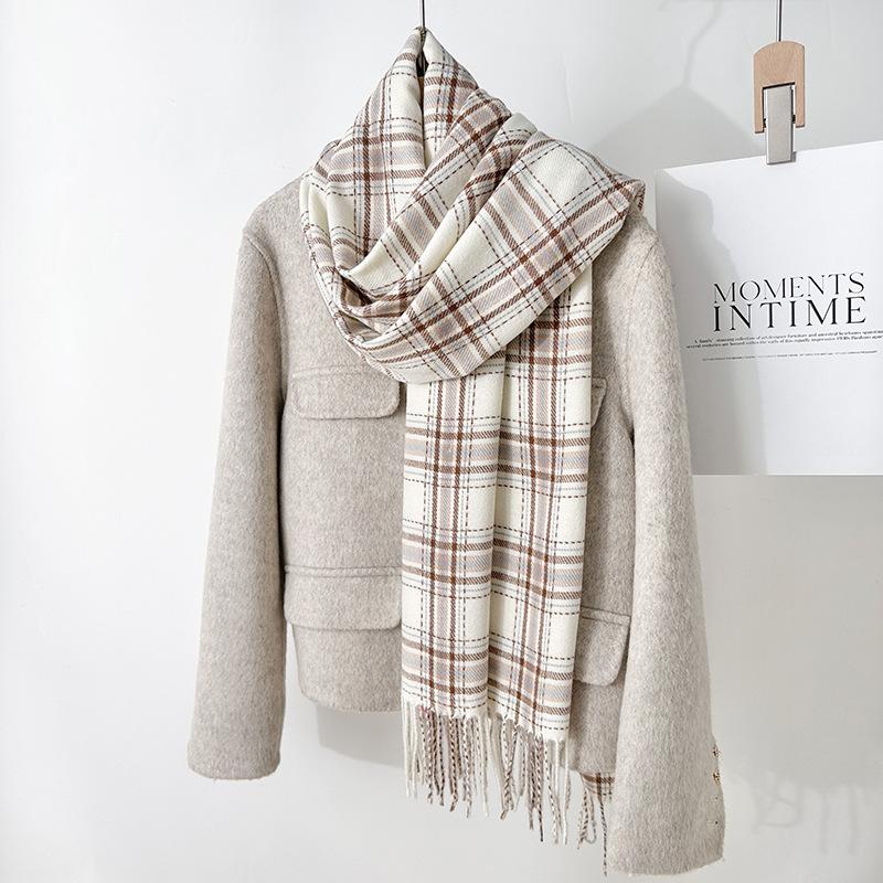 Lazy wind small fresh fashion autumn and winter fringed plaid warm scarf simple temperament imitation cashmere shawl