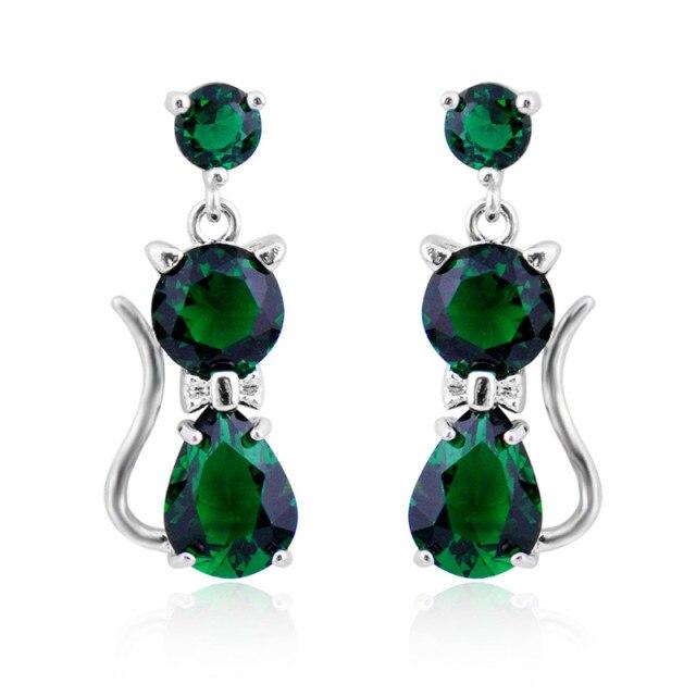 Girls Cute Animal Cat Earrings For Women 925 Silver Filled Round Purple Green Red Zircon Pear Cut Crystal Drop Earrings Jewelry