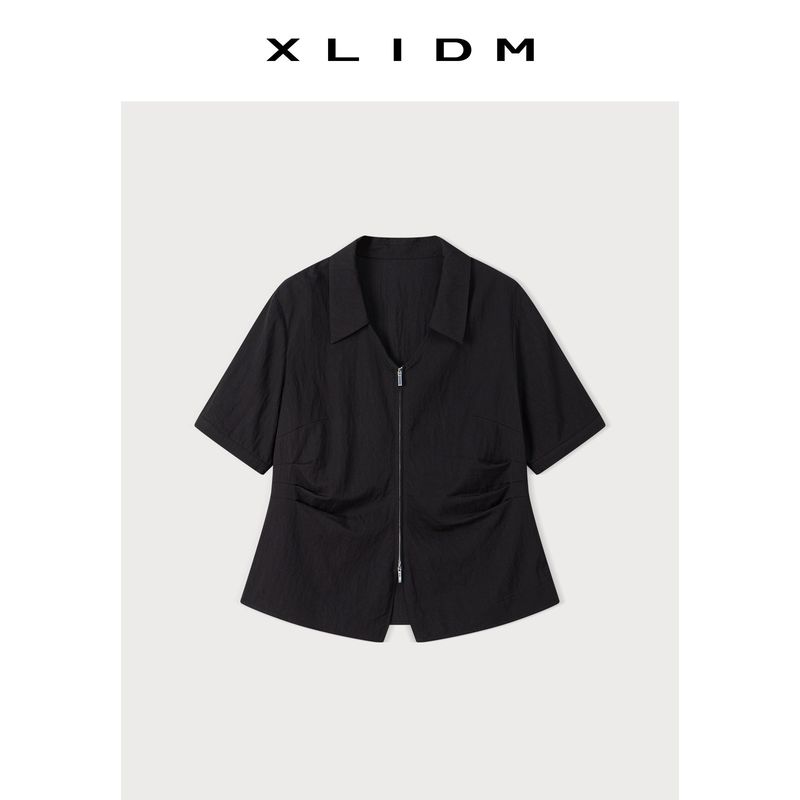 Xiaoli Plus Size Women's Double-Headed Zipper Vertical Smooth Texture Split V-Shaped Lapel Crimp Waist-Tight Slim Looking Shoulder Shirt