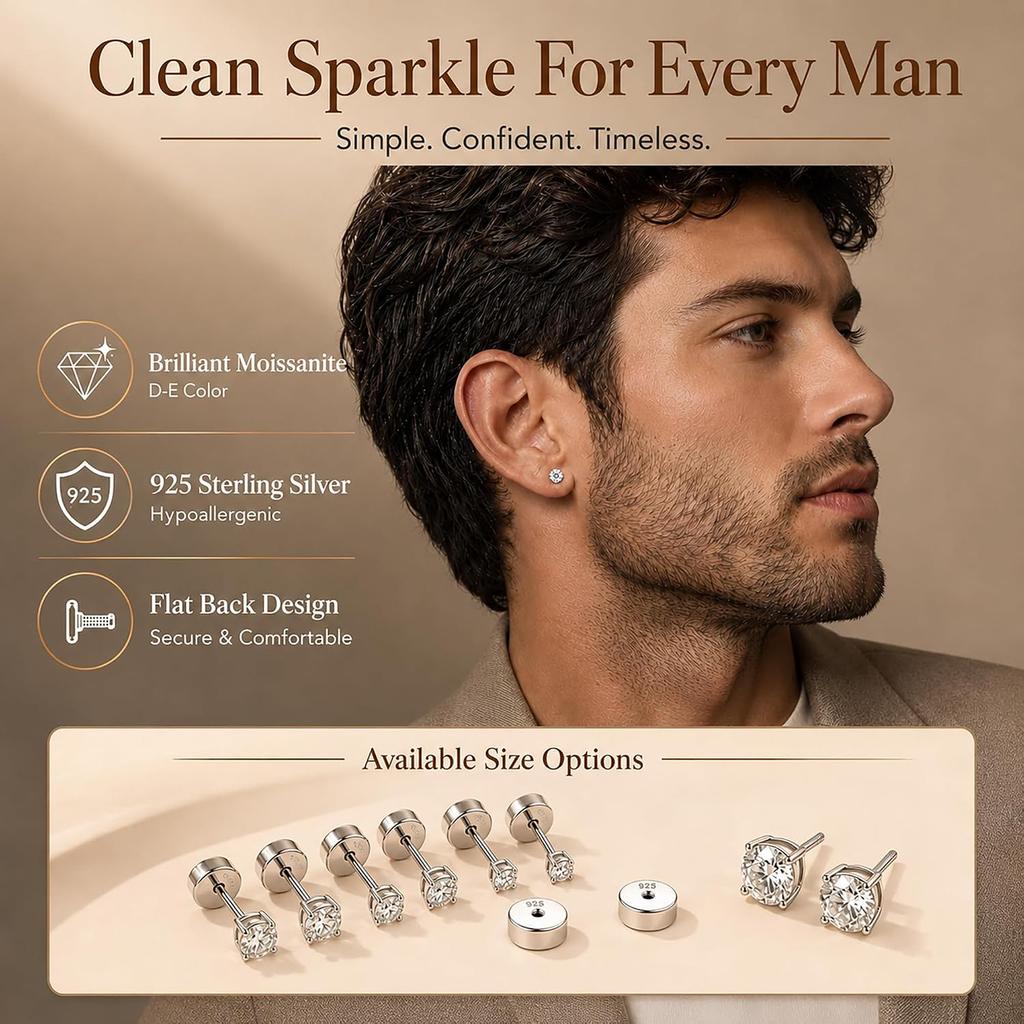 Impalsory Moissanite Flat Back Stud Earrings for Women, Screw Back Cartilage and Lobe Earrings, 925 Sterling Silver Hypoallergenic D Color VVS1