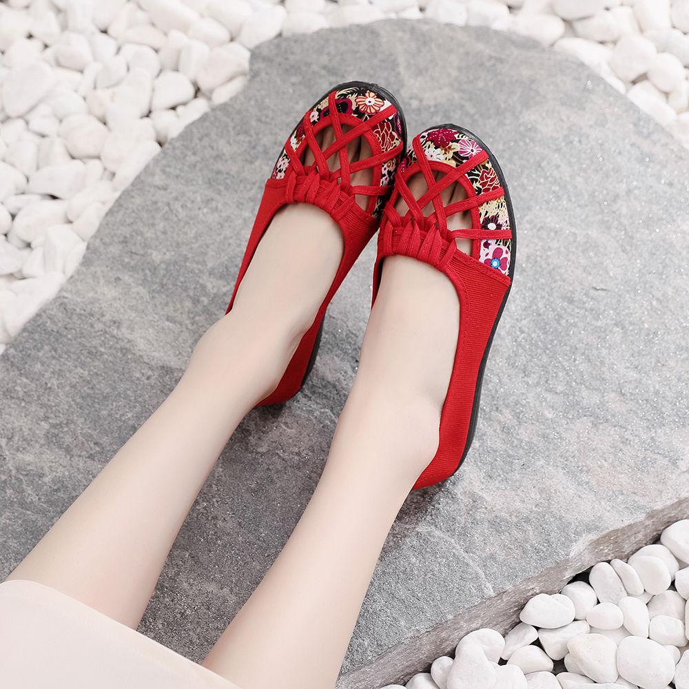 Spring Summer Cloth Shoes Women's Hollow Out Non-slip Soft Bottom Single Shoes Large Size Print Flat Slip-on Sandals
