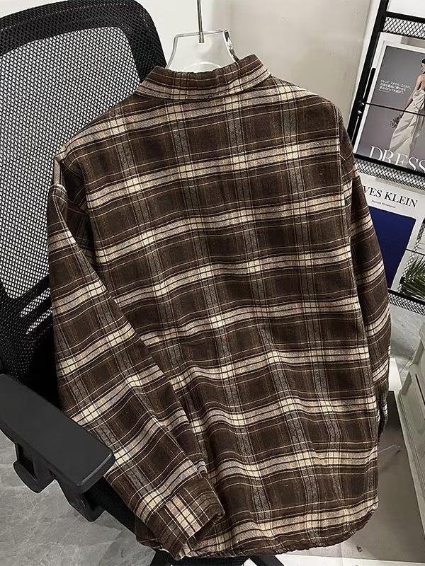 Мужская фланелевая рубашка на флисовой подкладке в клетку - Повседневная куртка в стиле ретро с длинным рукавом для осени/зимы