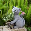 Solar Powered Decorative Animal Planter Creative Cat Artwork Flower Pot with Light Desktop Cat Flowerpot for Cabinet Backyard