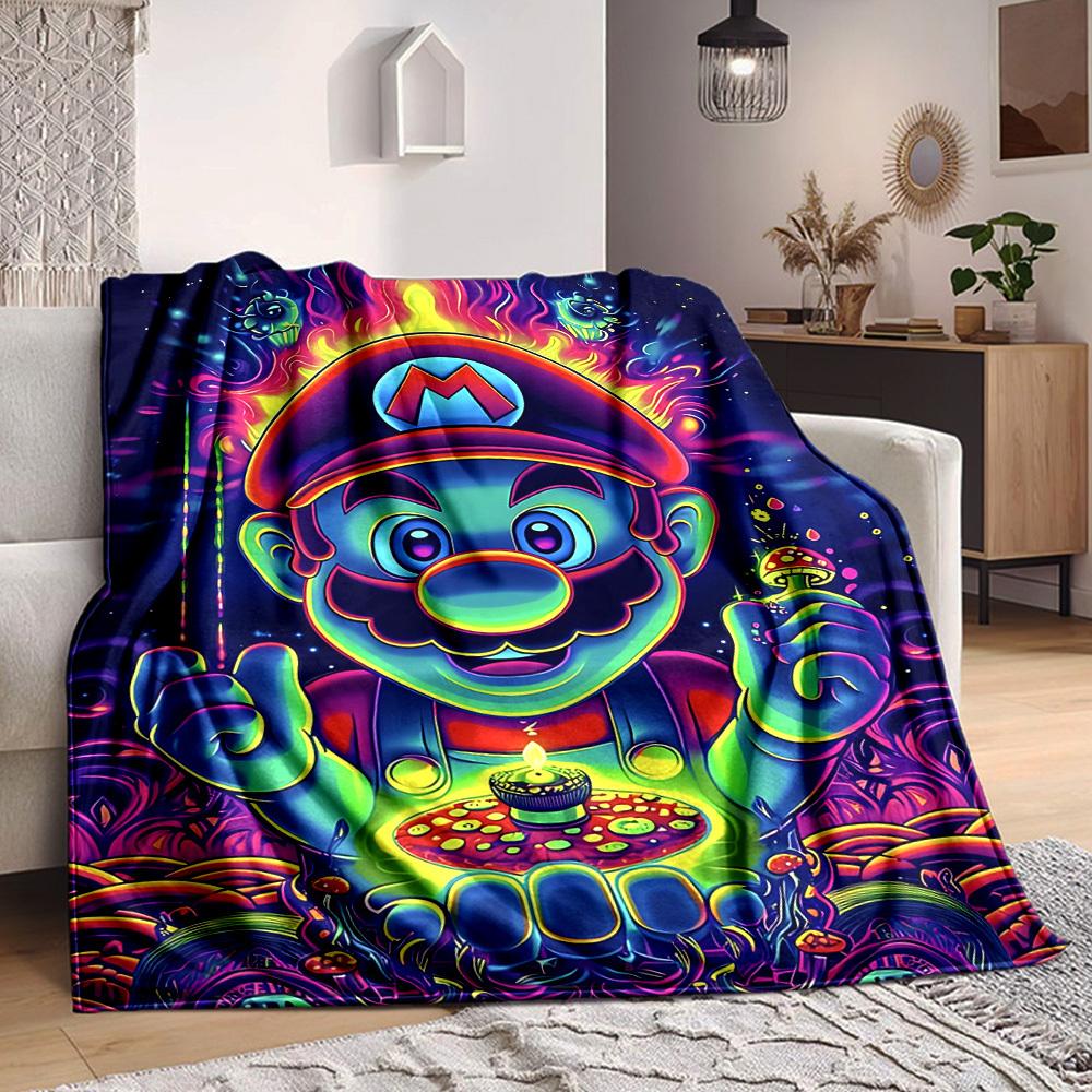 1pc Psychedelic Mario Flannel Blanket, Soft Skin Friendly with Digital Printing, Various Sizes Available for Family, Friends, Birthday