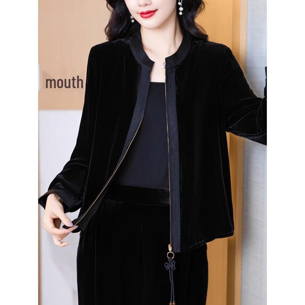 Женская ретро-куртка-кардиган из золотистого бархата Осень/Зима 2025: Стильный национальный короткий топ с круглым вырезом