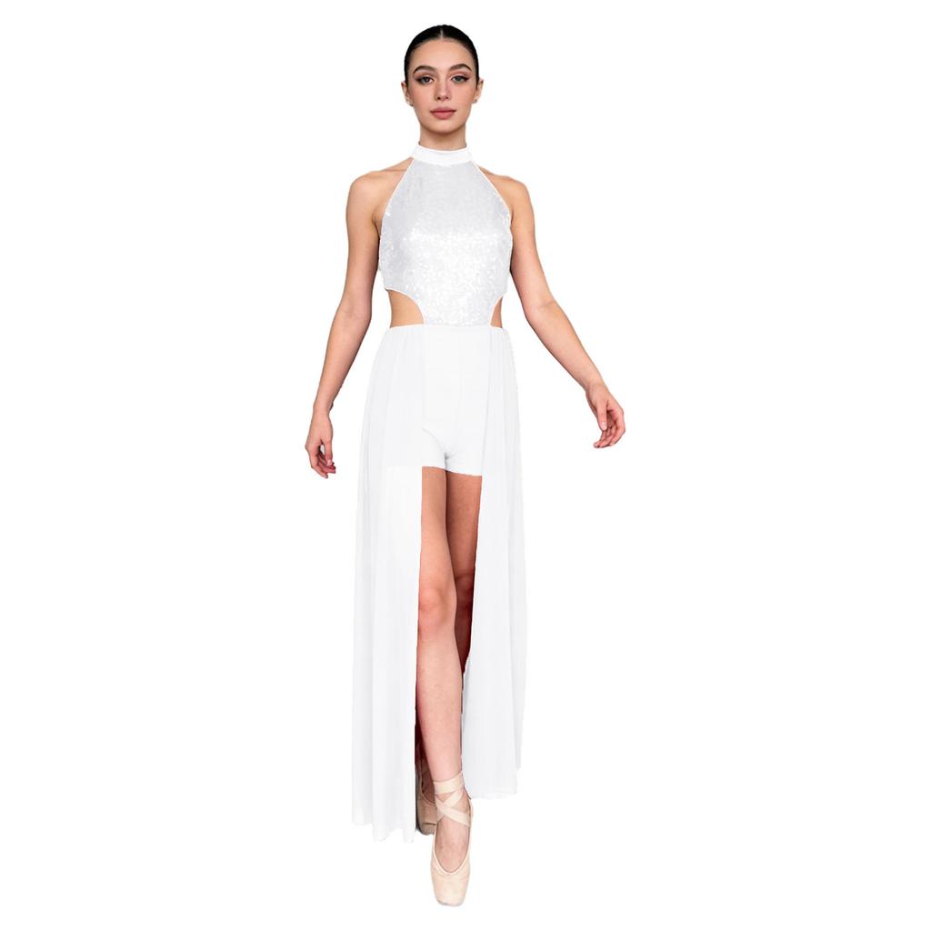 Womens Backless Bodysuit Dress Sequined Top Mesh Skirt Integrated Short Bottom Dance Wear