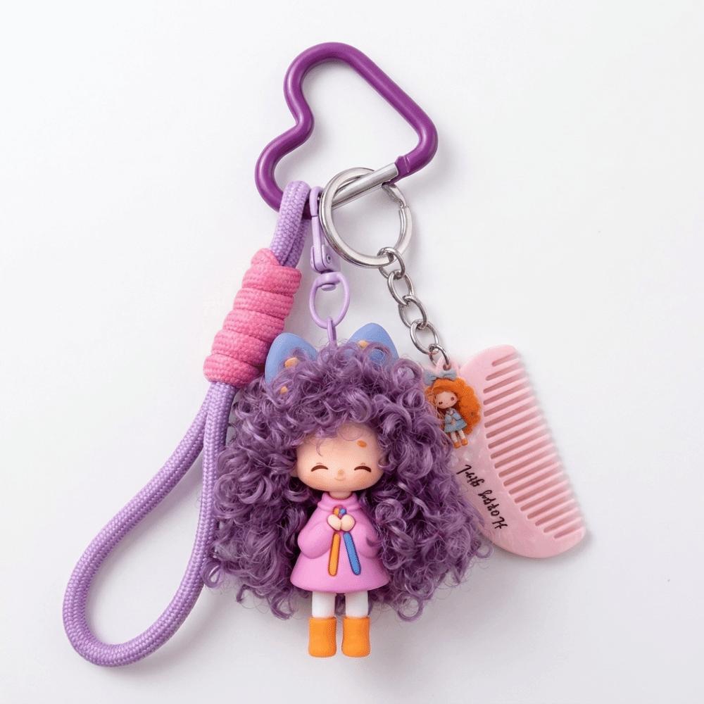 Soft Rubber Halyard Heart Keyring Colorful Bag Pendant Sweet Curly Hair Doll Keychain Women Gift