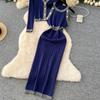 Autumn Winter Women Knitted Sweater Two Piece Set V-neck Jacket Coat and Sleeveless Long Midi Slim Bodycon Sheath Dress Suit