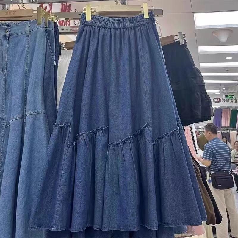 Women's Autumn High-Waist Midi Denim Skirt with Ruffle Patchwork