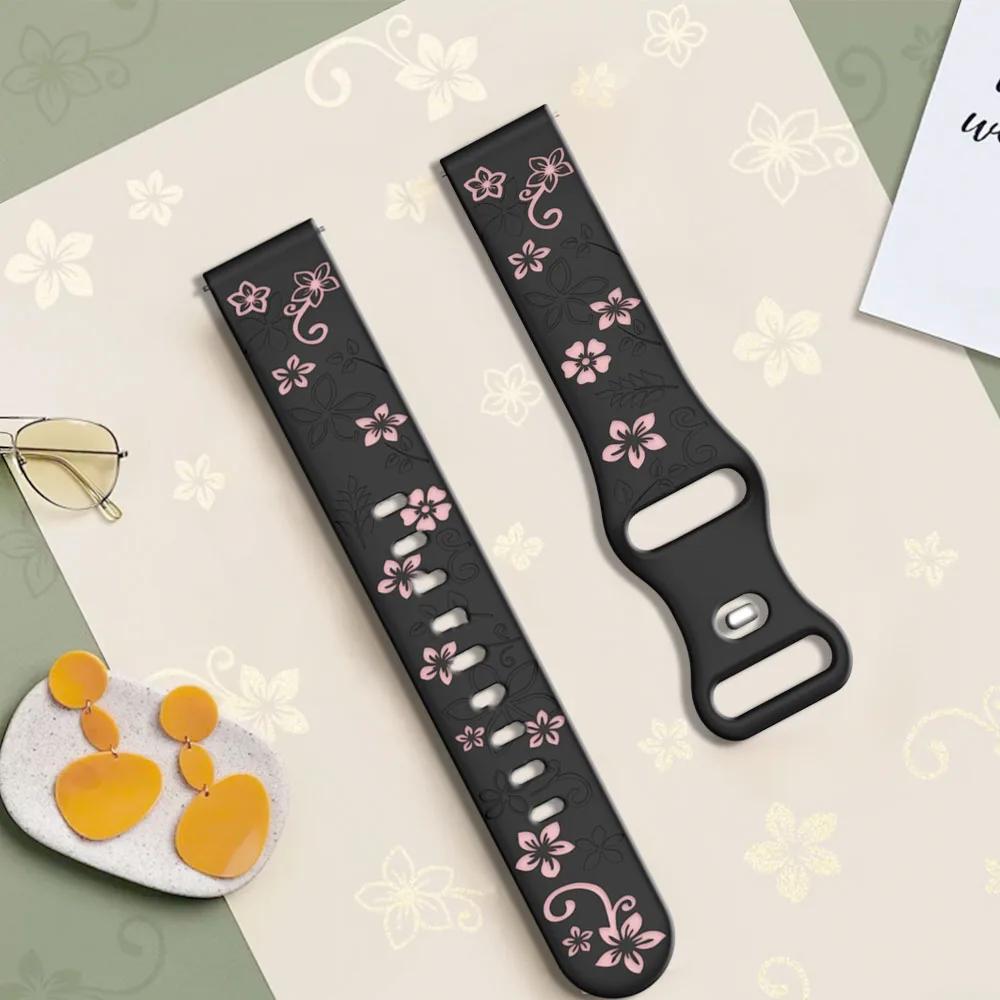 18mm 20mm 22mm Floral Engraved Band for Samsung Galaxy Watch 7 6 5 4 Cute Fancy Silicone Strap For Huawei Watch GT4 5 Pro/Active 2 Correa