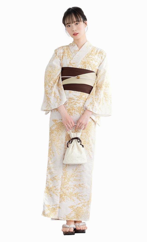 SOUBIEN Комплект Юката и Гета Белый и Мимоза x Женский 3 предмета (Юката, Полуширокий оби, Сандалии), Размер, Коричневый, ykt10068-obh02514