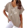 2023 Summer Floral Print V-neck Cotton Linen Casual Batwing Sleeve Women's T-shirt