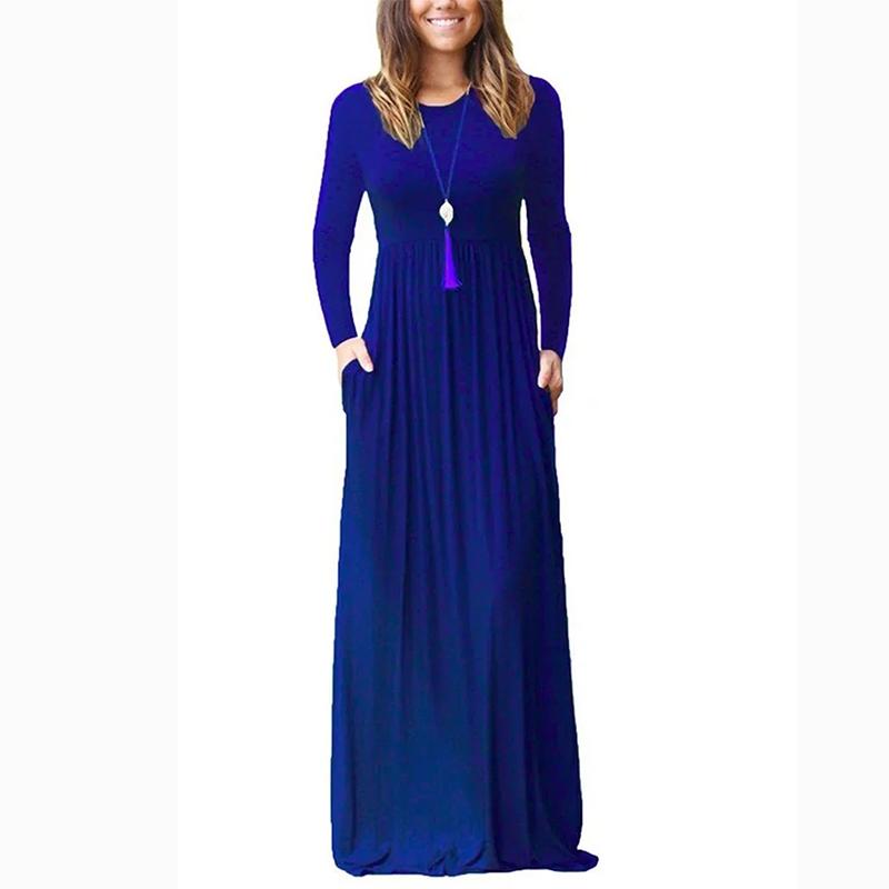 Весна-лето с длинным рукавом и коротким рукавом, однотонное повседневное платье с круглым вырезом, повседневные длинные платья, женское осеннее платье с эластичной резинкой на талии 18184