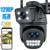 New EU 12MP 6K WiFi Camera Outdoor Three Lens Dual Screens 8X Zoom CCTV Mini Video Cam Auto Tracking Security Protection Surveillance iCSee App