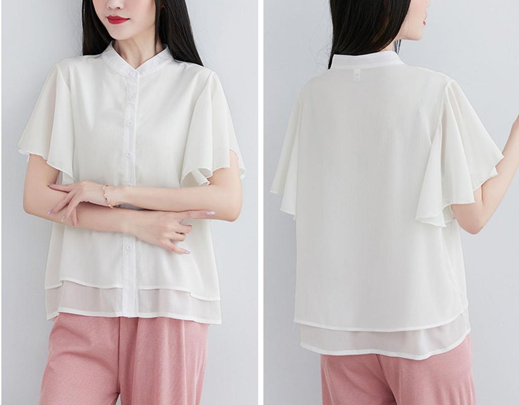 Рубашка для полных, свободного кроя, большого размера [EASTEMPO] Женская, Рукав, Лето, Стильная, Шифон, Посадка, Офис, Тонкая, Однотонная, (JP, Алфавит, L, Белый)