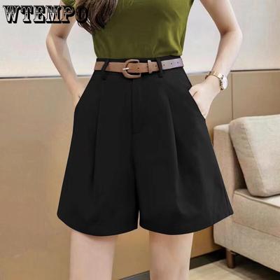 Шорты женские с высокой талией и широкими штанинами, костюмные шорты, офисные женские однотонные свободные повседневные универсальные короткие брюки