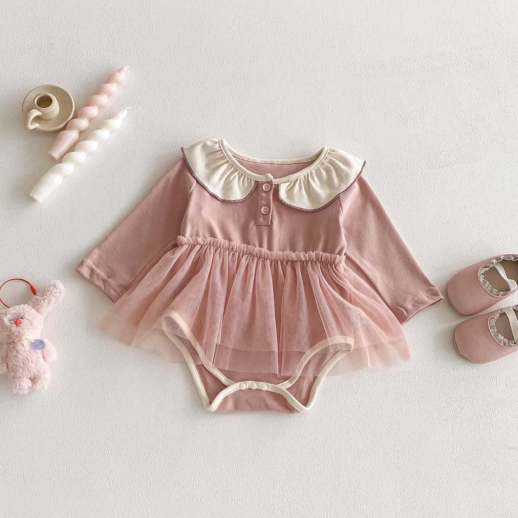 Новый осенний ромпер с длинными рукавами для маленьких девочек с сетчатым боди и воротником Питер Пэн