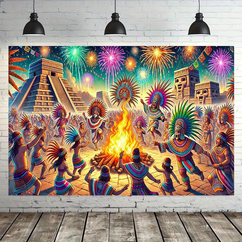 Mexican Aztec festival background wall hanging fabric studio decoration fabric multi-functional room banner decoration