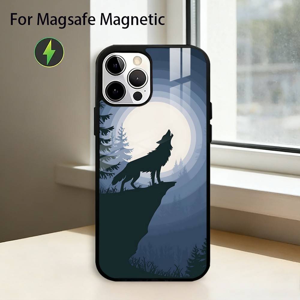 Moon Roaring W-Wolf Phone Case For iPhone17,16,15,14,13,12,11 Plus,Pro Magnetic For Magsafe Wireless Charging