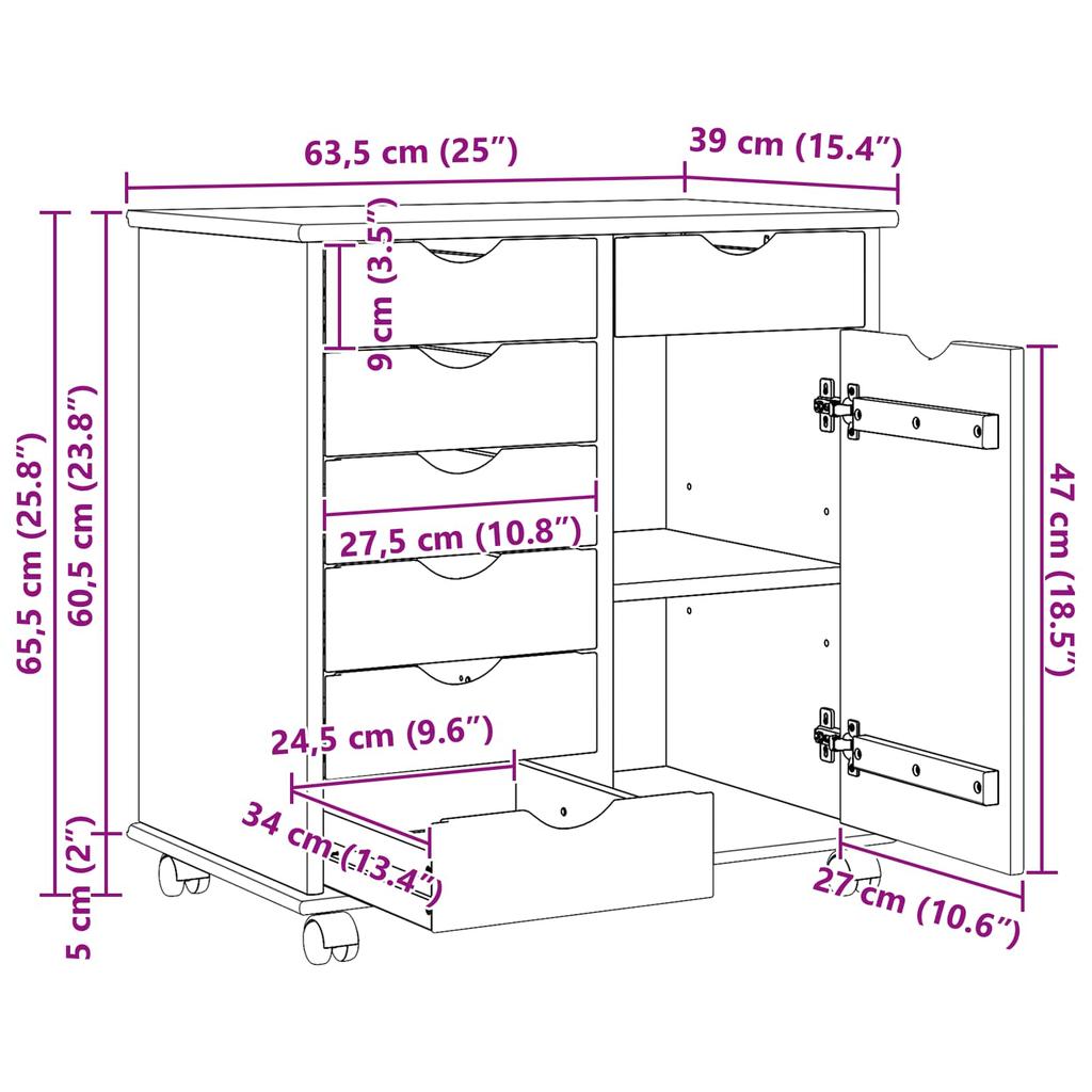 Rolling Cabinet with Wheels Brown 63.5 x 39 x 65.5 cm Solid Pine Wood