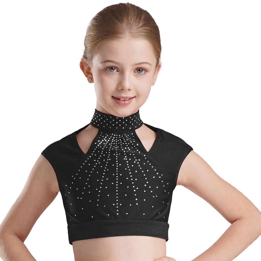 Girls Sleeveless Crop Top Shiny Rhinestones Cutout Design for Figure Skating Dance Gymnastics Performance Wear