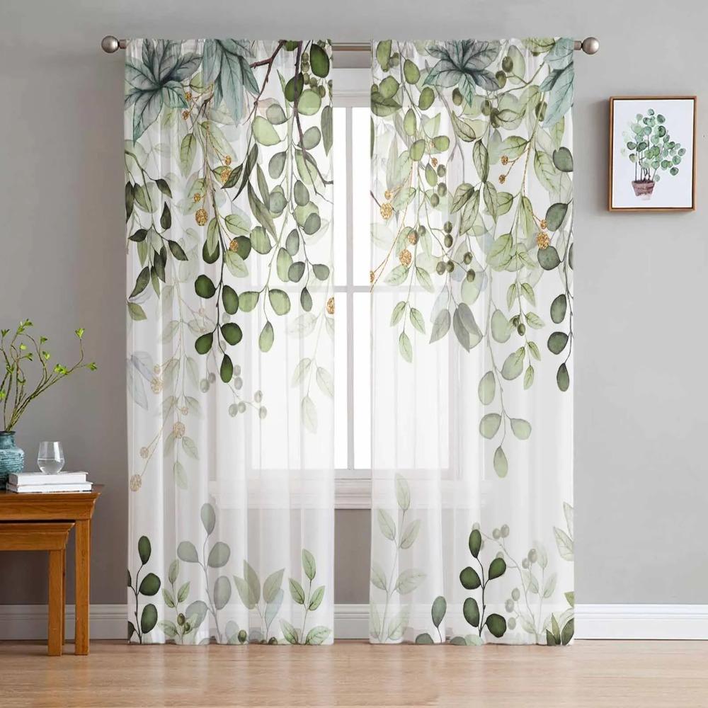 Abstract Sage Green Leaves Branches Sheer Curtains for Living Room Decoration Window Curtain Kitchen Tulle Voile Organza Drapes