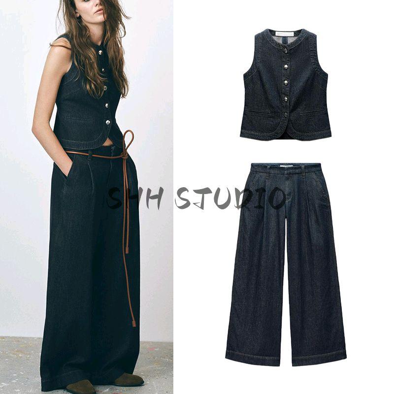 Spring and Summer New Round Neck Denim Silm Vest 3777021 Pleated Mid Waist Wide Leg Denim 3777023