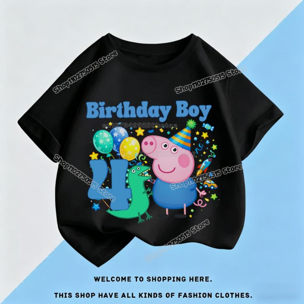 Peppas George Pigs Boy Birthday Clothes Cartoon Kids Number T Shirt Short Sleeve Cotton Tops Summer Child Birthday Party Tees