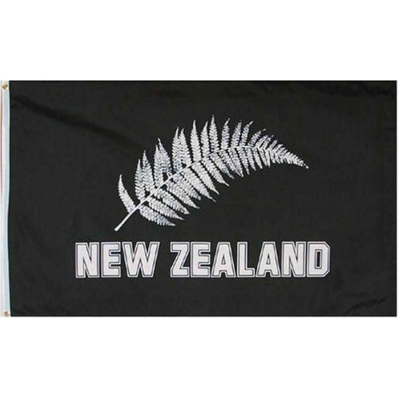 1pc Multi-Size Optional. New Zealand Silver Leaf Football Flag - Black Fabric with White Silver Leaf And Text "New Zealand", with Eyelets for Easy Dis
