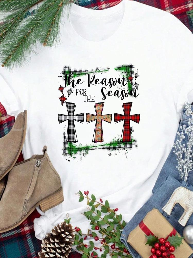 (Азиатский размер) Футболка Новогодний праздник милый стиль письма Счастливого Рождества Топ фестиваль Повседневная Женская Принт Леди Короткий рукав Модные Графические футболки