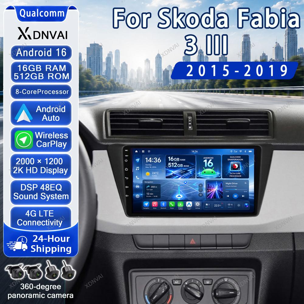Android 16 Video Player For Skoda Fabia 3 III 2015 2016 2017 2018 2019 Car Radio Multimedia Head Unit Carplay RDS Stereo BT GPS