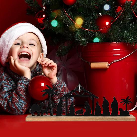 Рождественский вертеп, силуэт, настольная табличка с деревянной основой, черный металл, рождение Иисуса, украшение для рабочего стола для дома и офиса, рождественское украшение для вечеринки