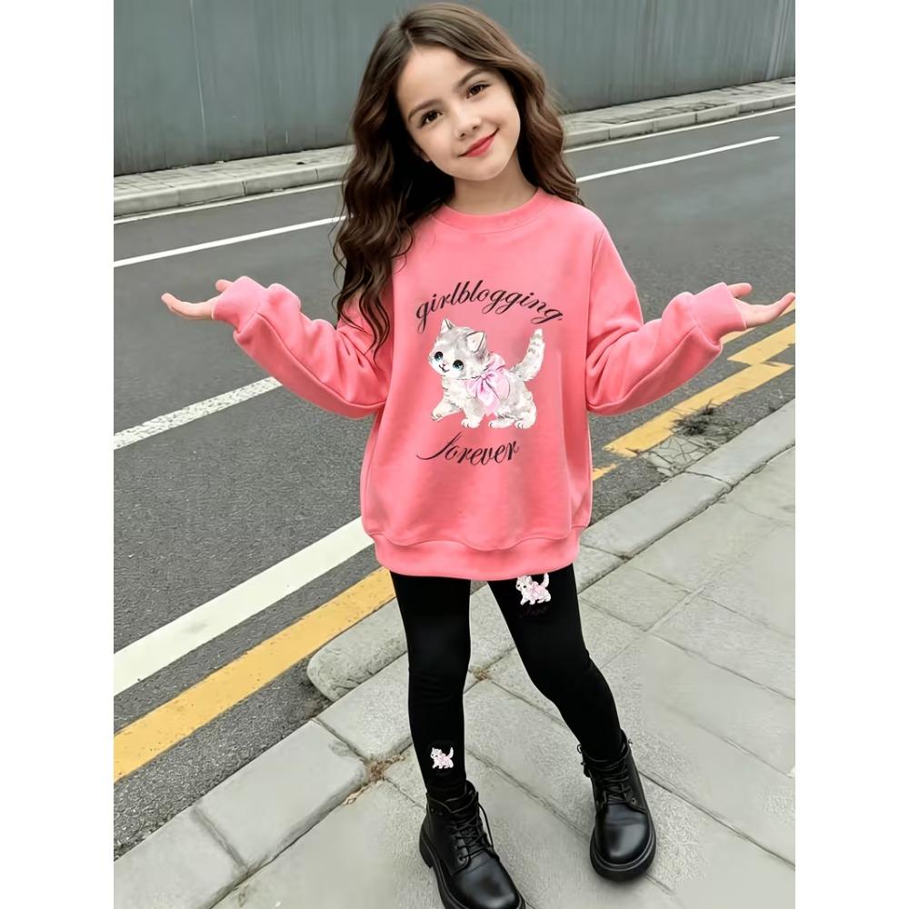 Girls' Sweet Cat Graphic Casual Comfortable Soft Loose Pullover Sweatshirt and Leggings 2-Piece Set, New Autumn/Winter, Playful, Sweet and Cool Style